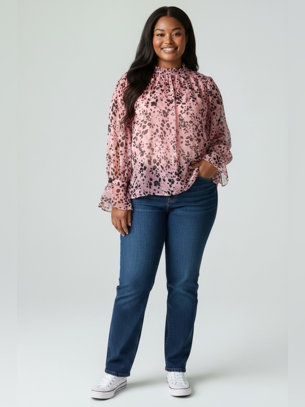 Eloquii Pink Leopard Print Long-Sleeve Blouse